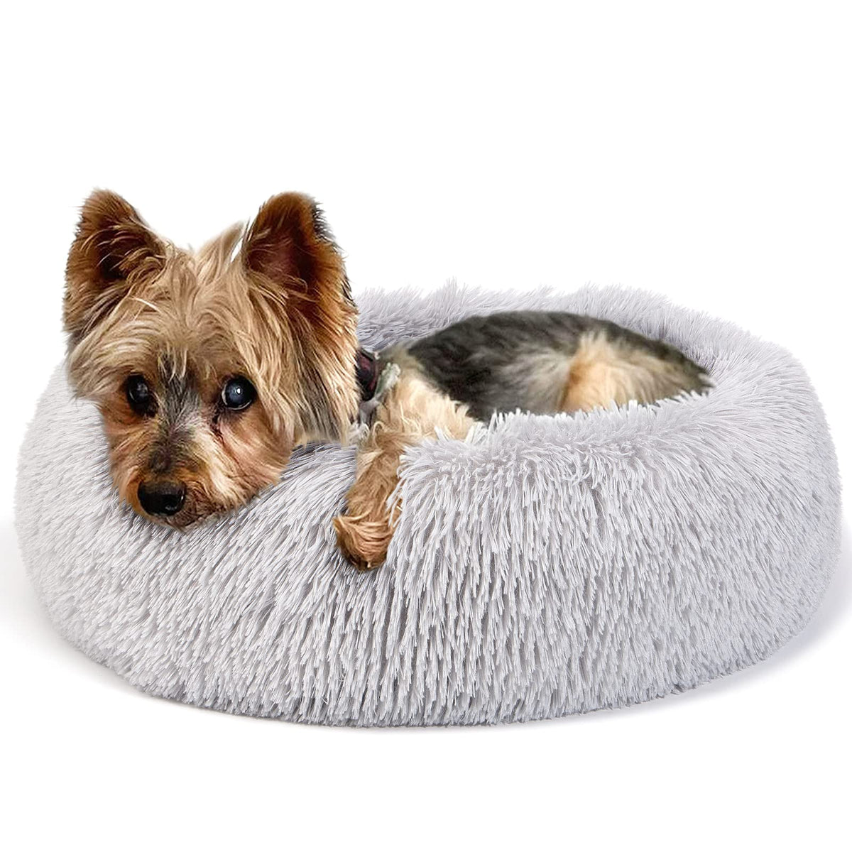 wrkfree extra small donut dog bed outer shell highlights plush grey fur for cozy naps.