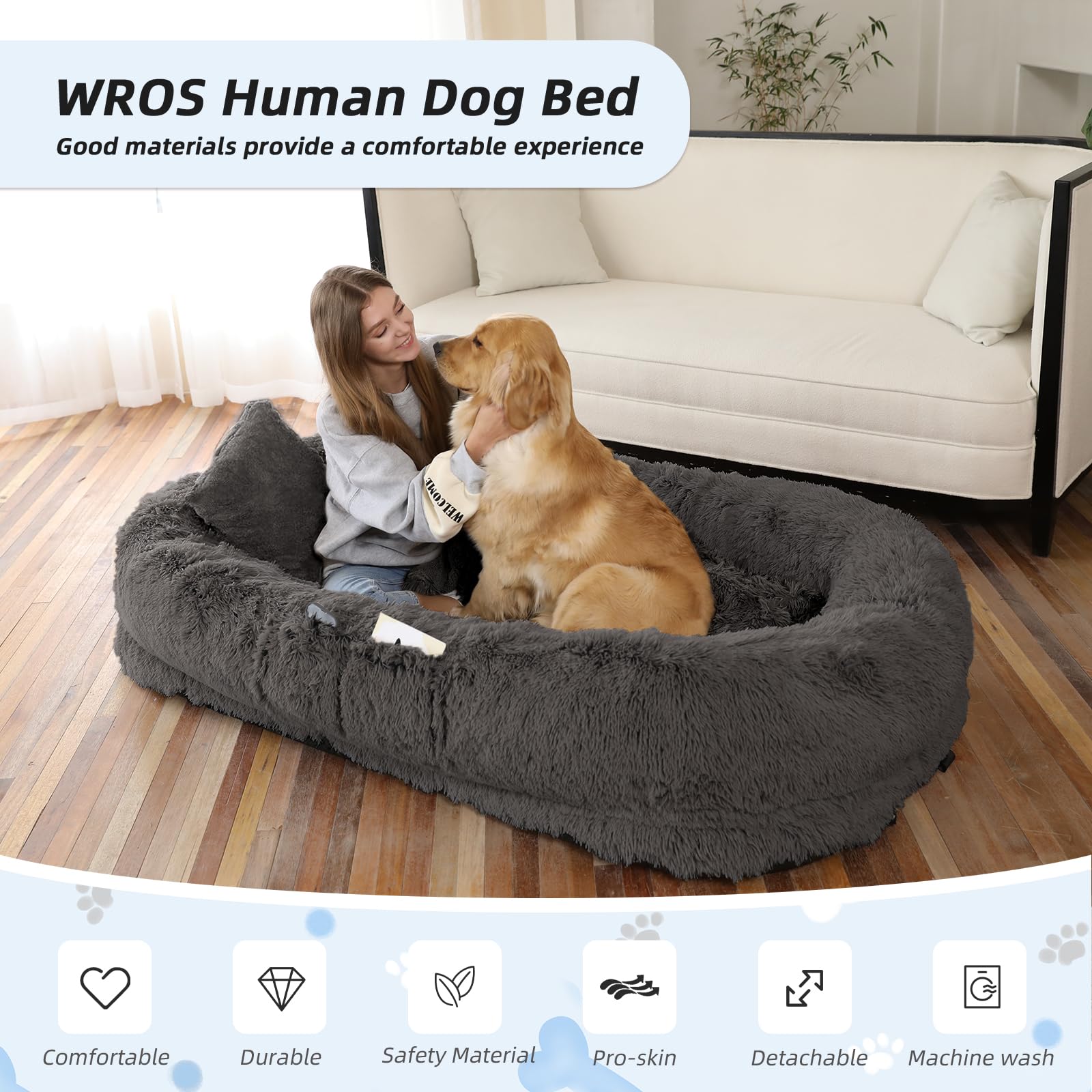 WROS human dog bed assembly view highlights easy setup and extra-large size.