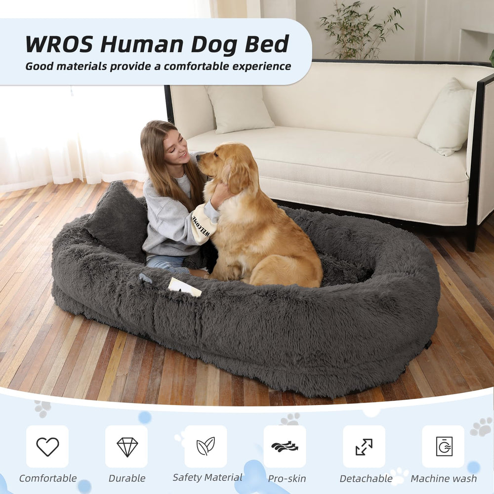 WROS human dog bed assembly view highlights easy setup and extra-large size.