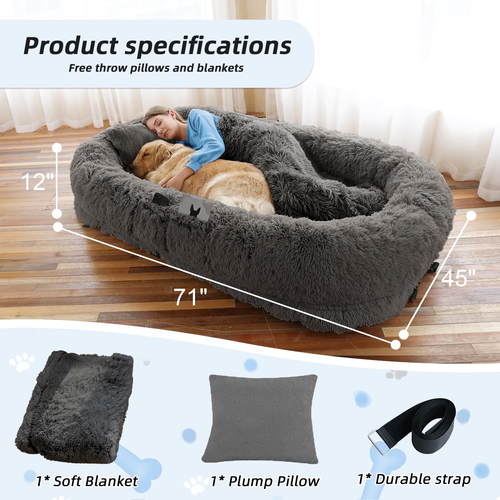 WROS human dog bed blanket and pillow set enhances comfort and versatility.