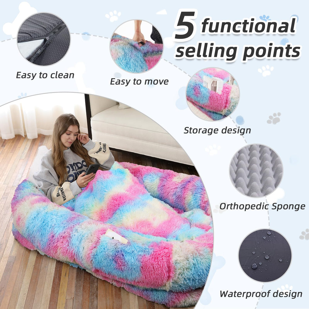 WROS human dog bed closed bolster closeup emphasizes supportive surround for hands and feet
