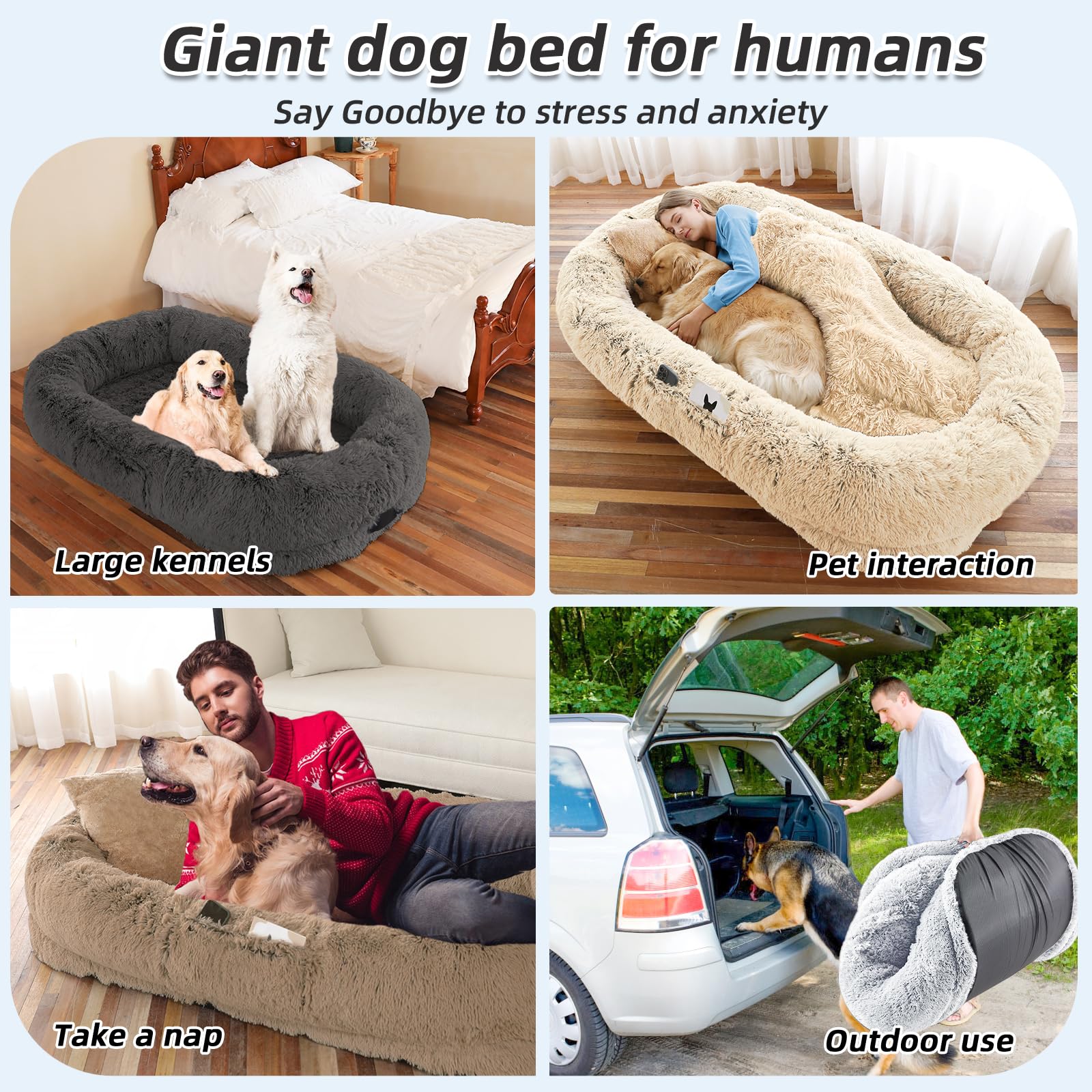 WROS human dog bed dark grey setup showcases modern, family-friendly nesting space.