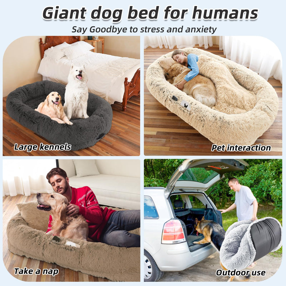 WROS human dog bed dark grey setup showcases modern, family-friendly nesting space.