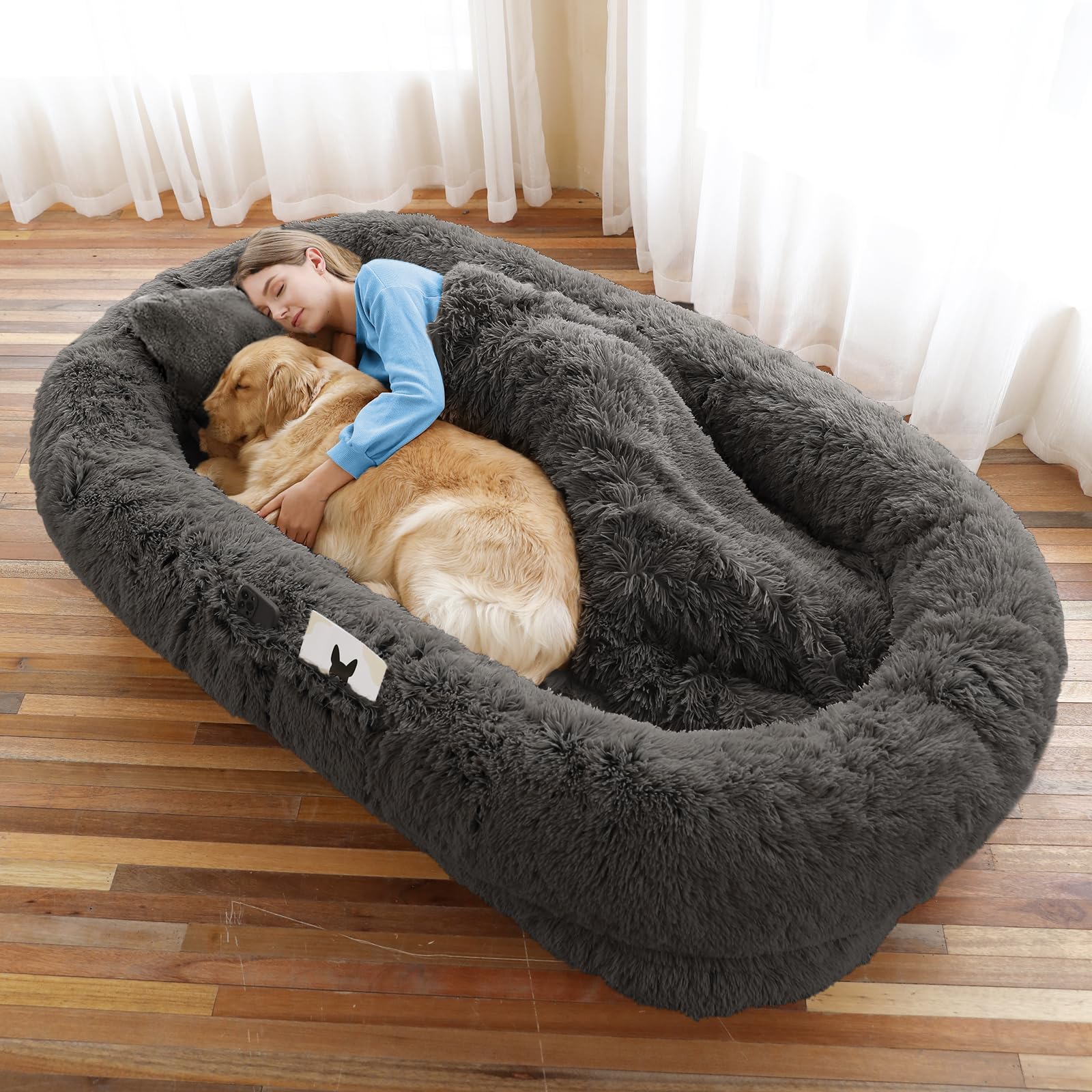 WROS human dog bed fabric closeup shows soft faux fur for cozy lounging.