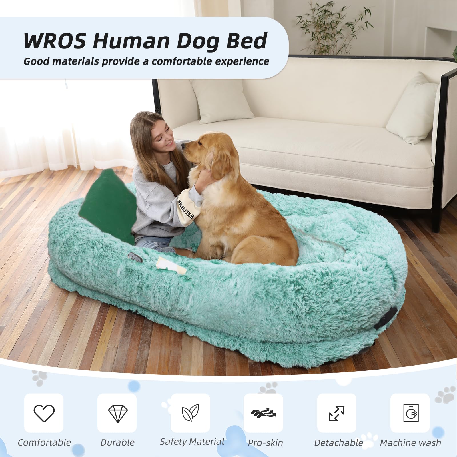 WROS Human Dog Bed inside view highlights roomy interior for shared naps with your pet.