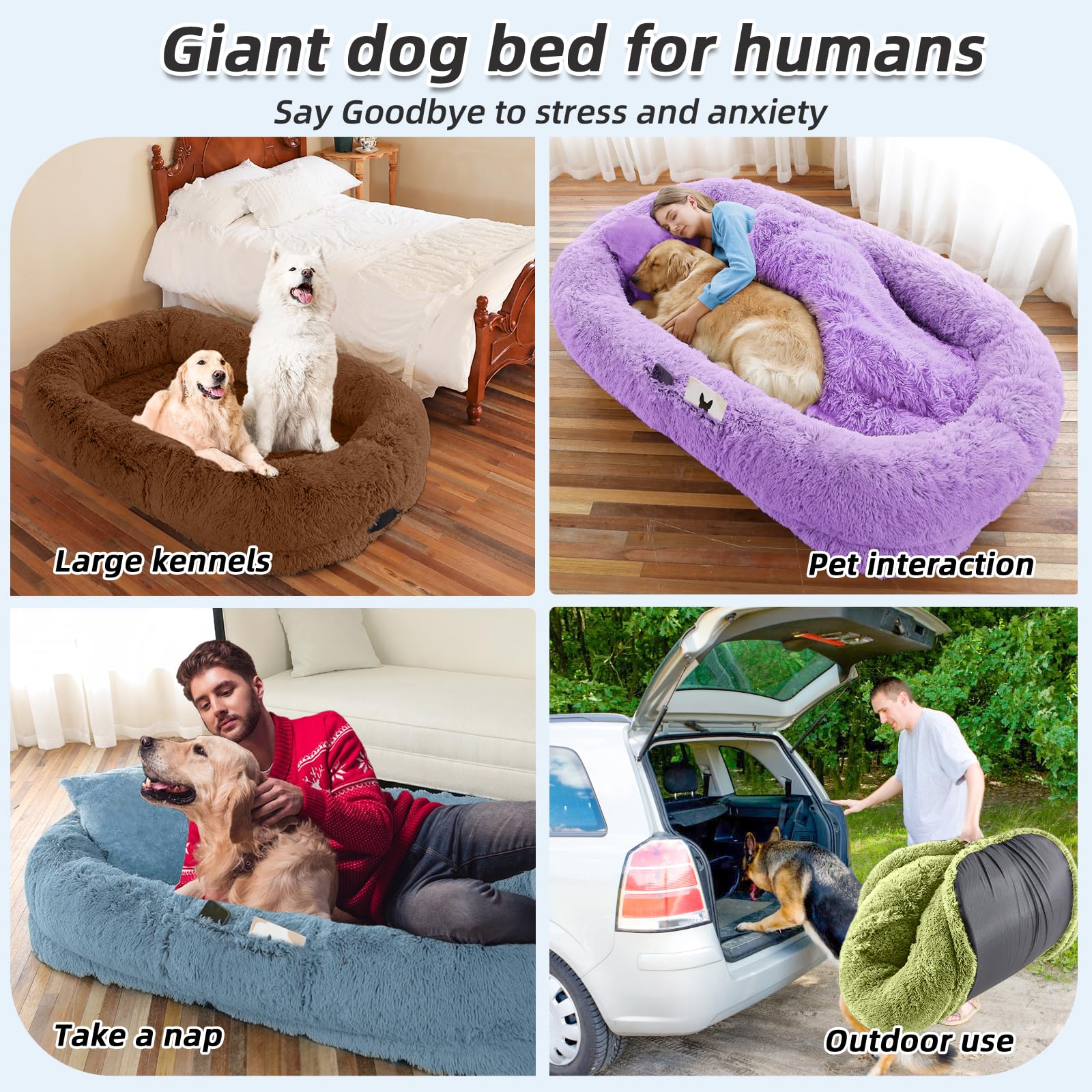 WROS Human Dog Bed packaging-inclusive photo shows blanket, plump pillow, and strap for ready relaxation.
