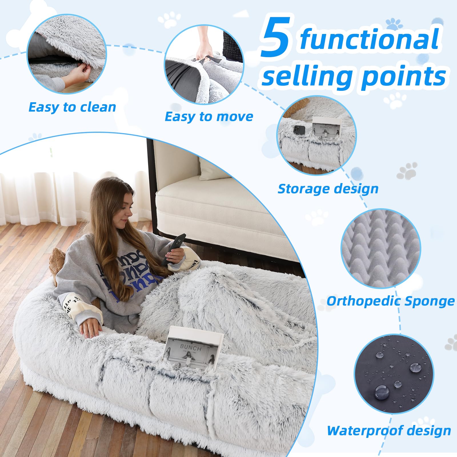 WROS Human Dog Bed plump-pillow enhances cozy neck and elbow support.