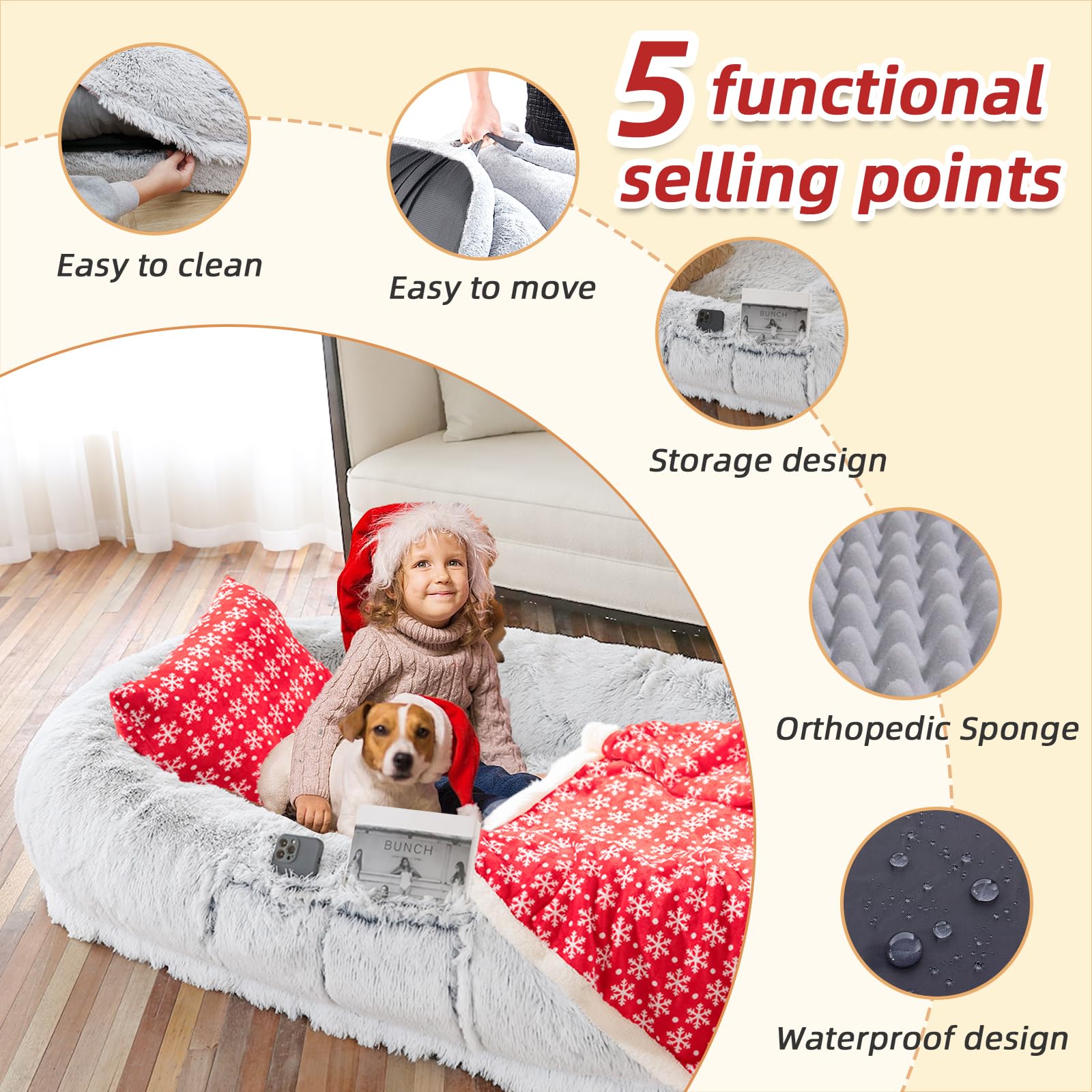 WROS Human Dog Bed plump pillow detail adds neck support and comfort.