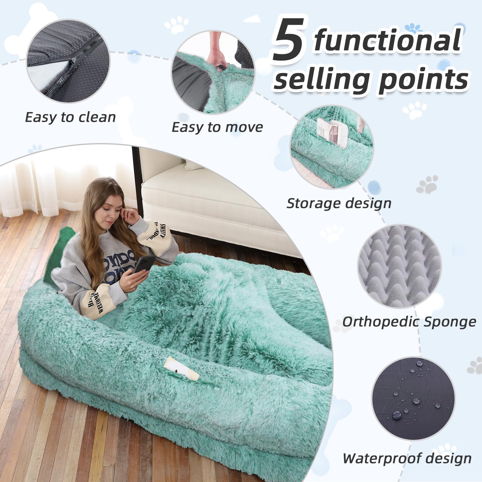 WROS Human Dog Bed plush cover emphasizes soft, warm faux fur for cozy lounging.