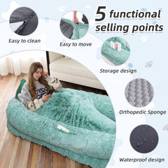 WROS Human Dog Bed plush cover emphasizes soft, warm faux fur for cozy lounging.