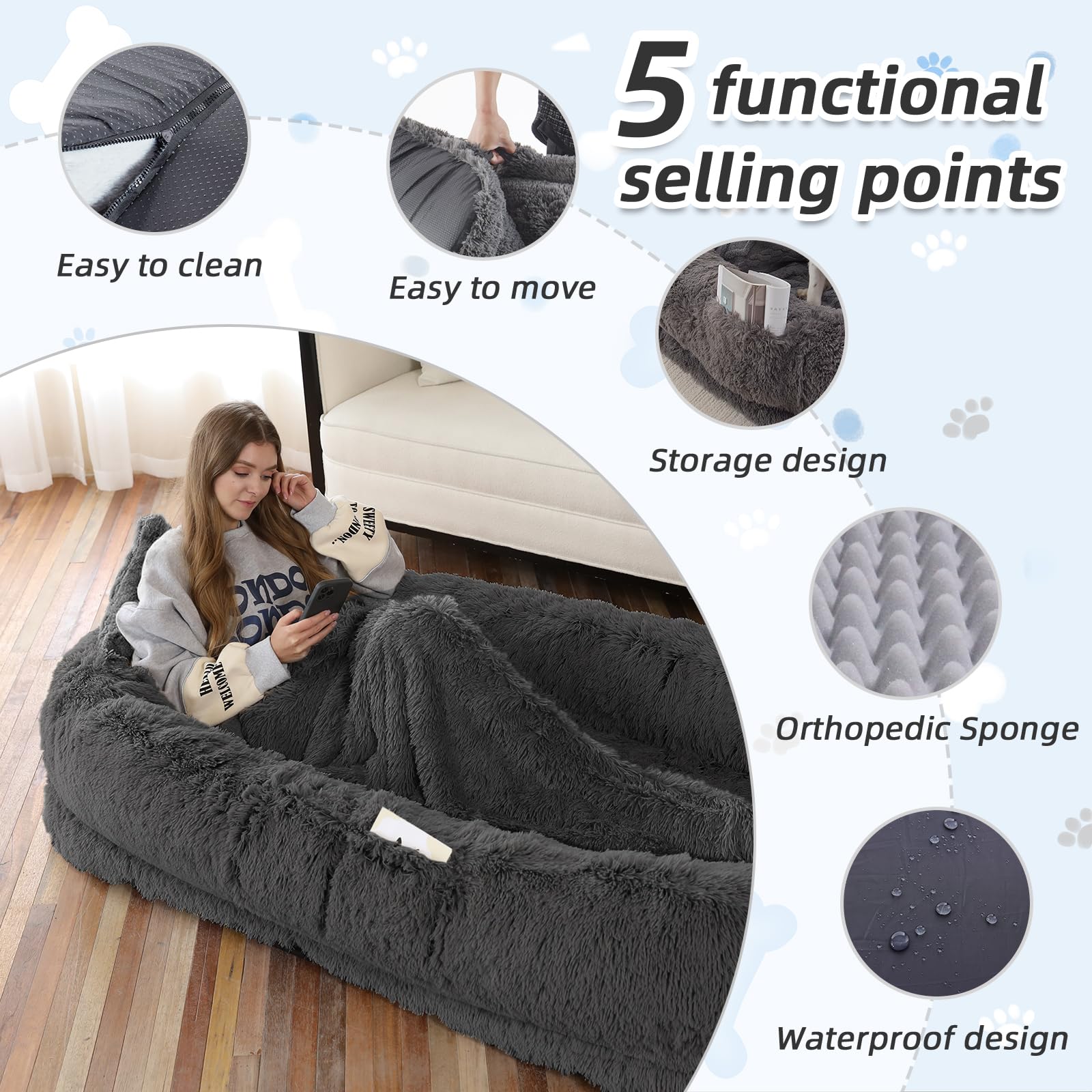 WROS human dog bed side pocket detail demonstrates convenient storage while resting.