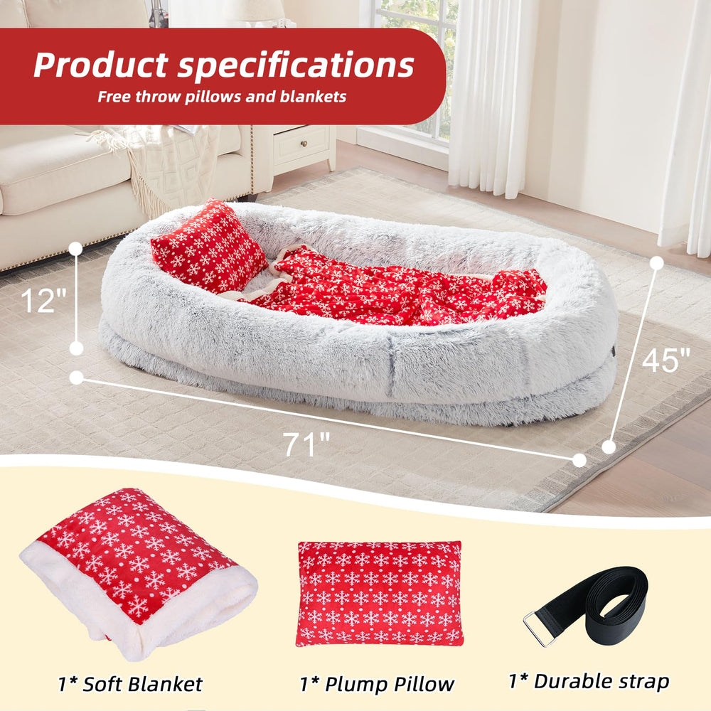 WROS Human Dog Bed soft blanket complements the bed for extra coziness.