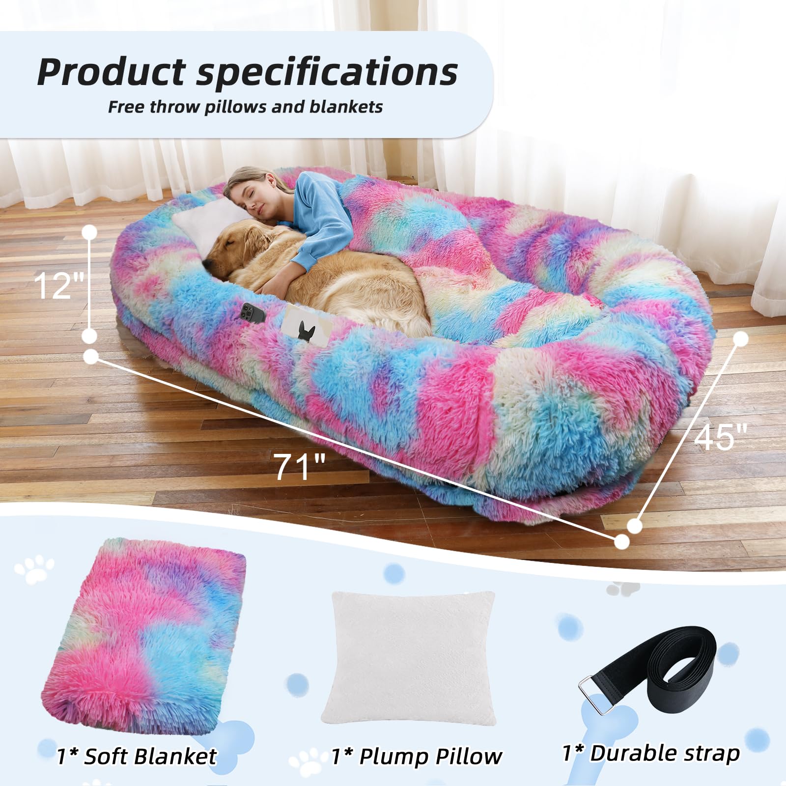 WROS human dog bed with strap and storage pocket showcases convenient organization