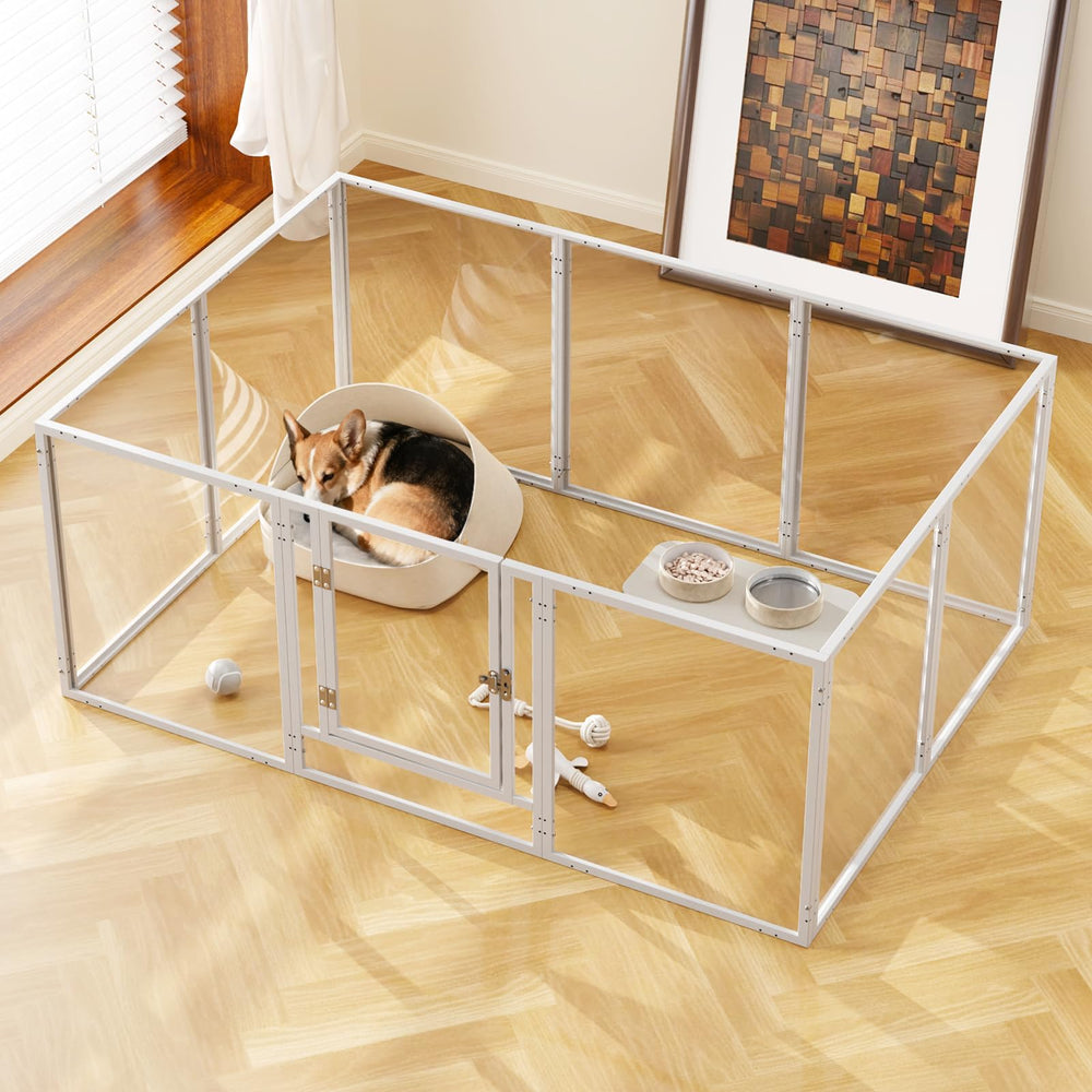 WSHPY clear acrylic dog play pen front view emphasizing 360° visibility for supervision.