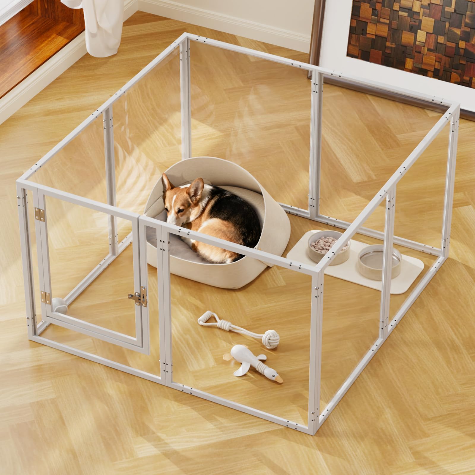 WSHPY clear acrylic dog playpen indoor 39-inch panels provide 360-degree visibility for easy supervision.