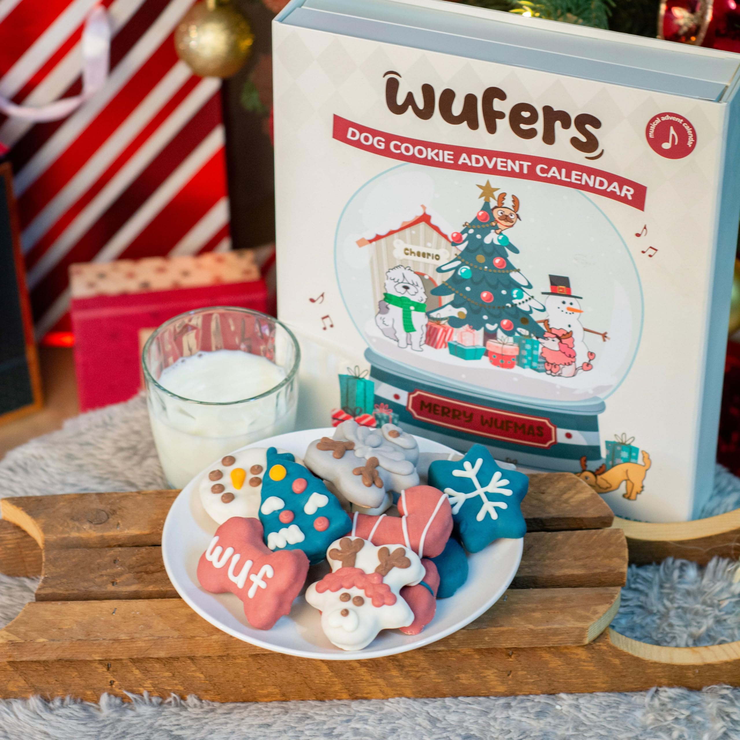 Wufers Advent calendar door open reveals 24 decorated cookies for daily treats.