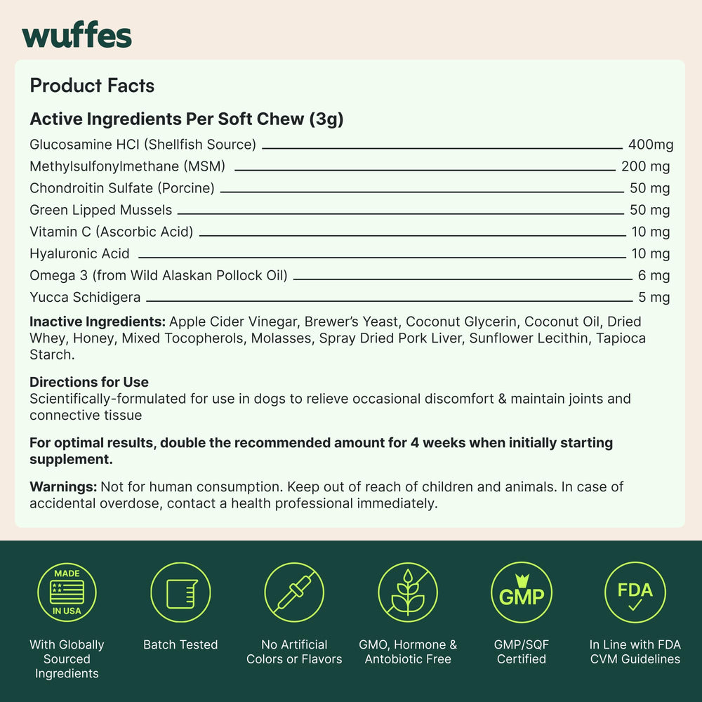 Wuffes product box with chews setup demonstrating ongoing hip and mobility support for dogs.