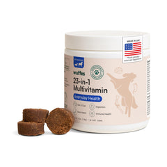 Wuffes 23-in-1 soft chews close-up showing joint and coat support benefits