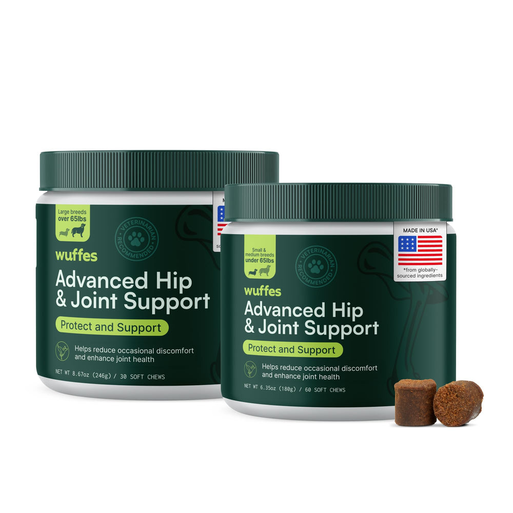 Wuffes Advanced Hip and Joint Supplement packaging shows two bottles to support both small and large breeds.