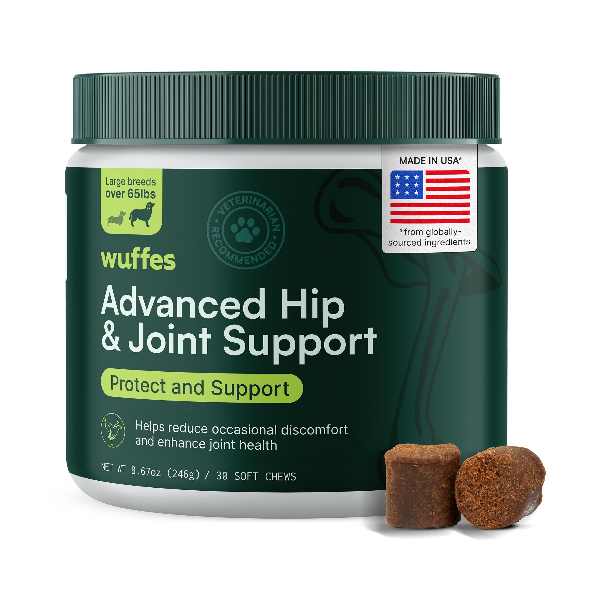 Wuffes Advanced packaging with hip and joint chews supports mobility for large dogs