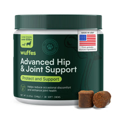 Wuffes Advanced packaging with hip and joint chews supports mobility for large dogs
