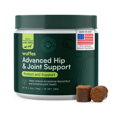 Wuffes Advanced hip-joint chews bottle on table demonstrates mobility support