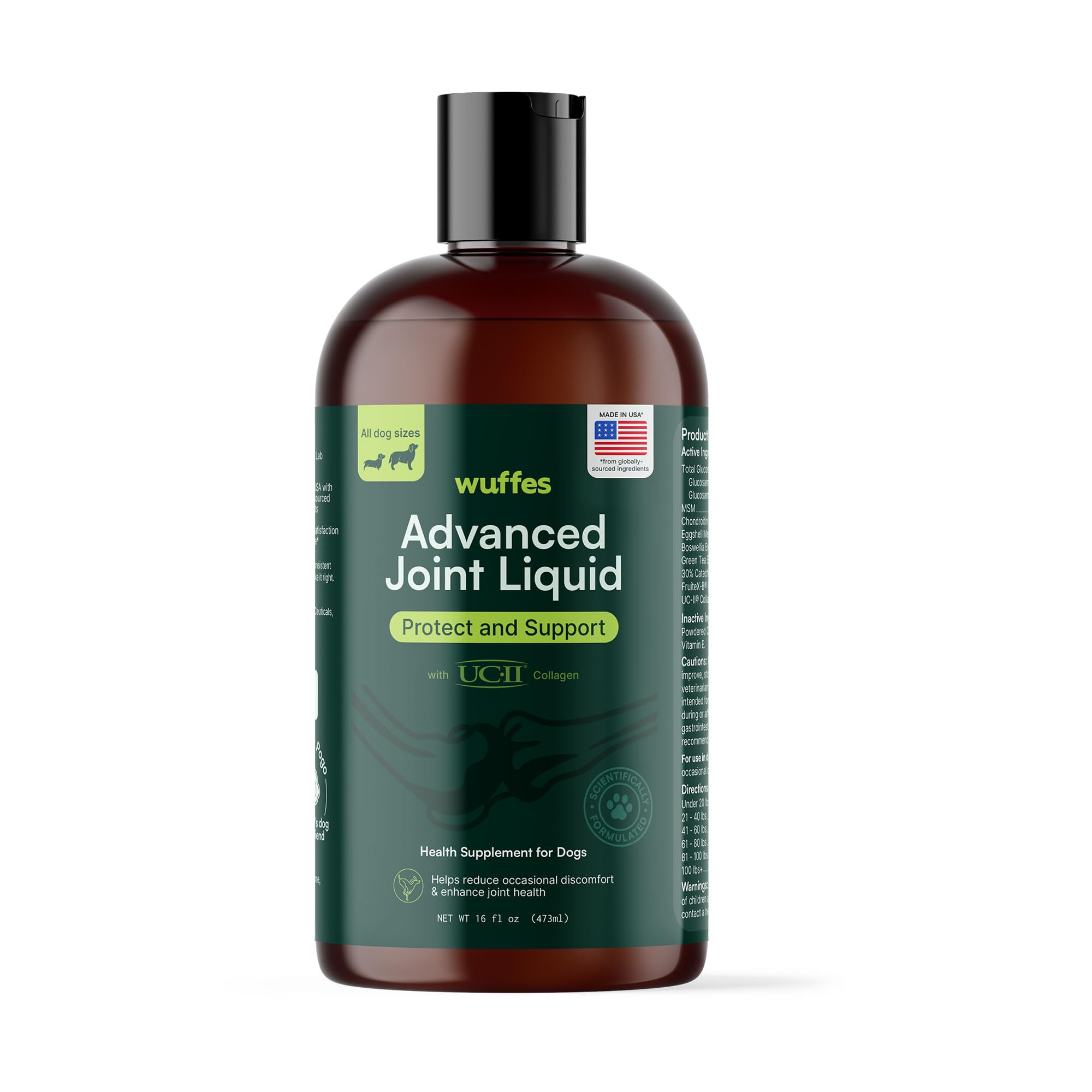 Wuffes Advanced Joint Liquid bottle pour supports easy dosing for dogs