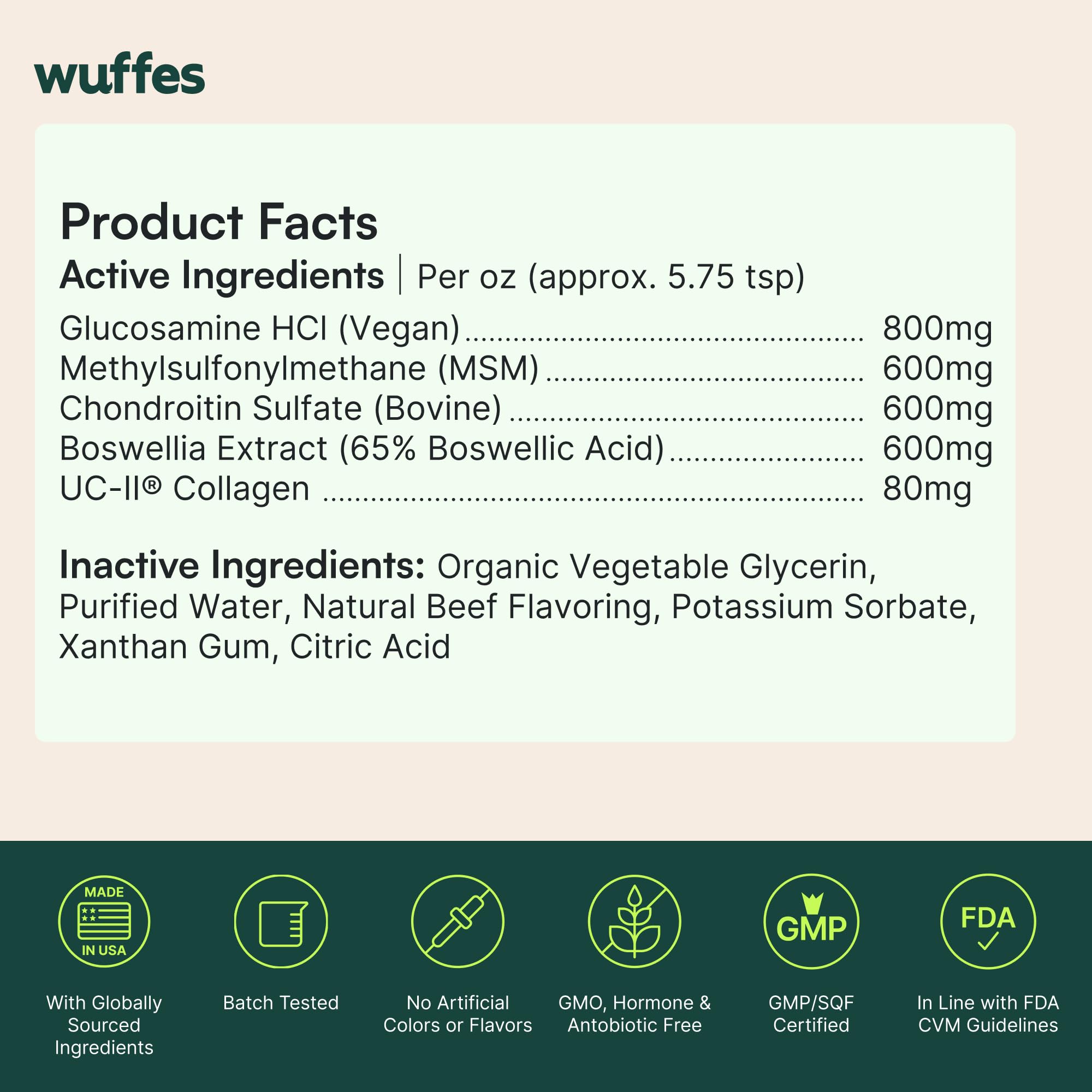 Wuffes Advanced Joint Liquid Made in USA label signals quality and safety