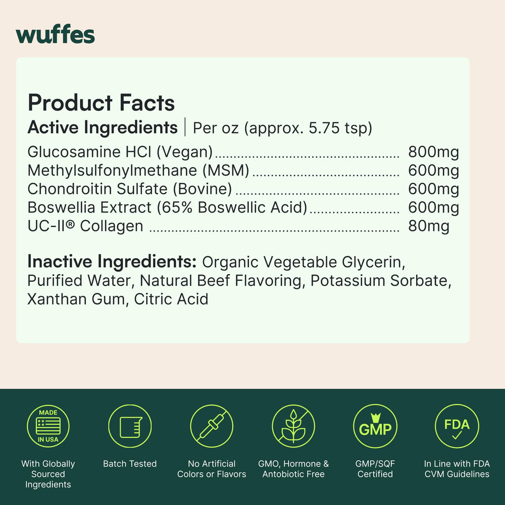 Wuffes Advanced Joint Liquid Made in USA label signals quality and safety