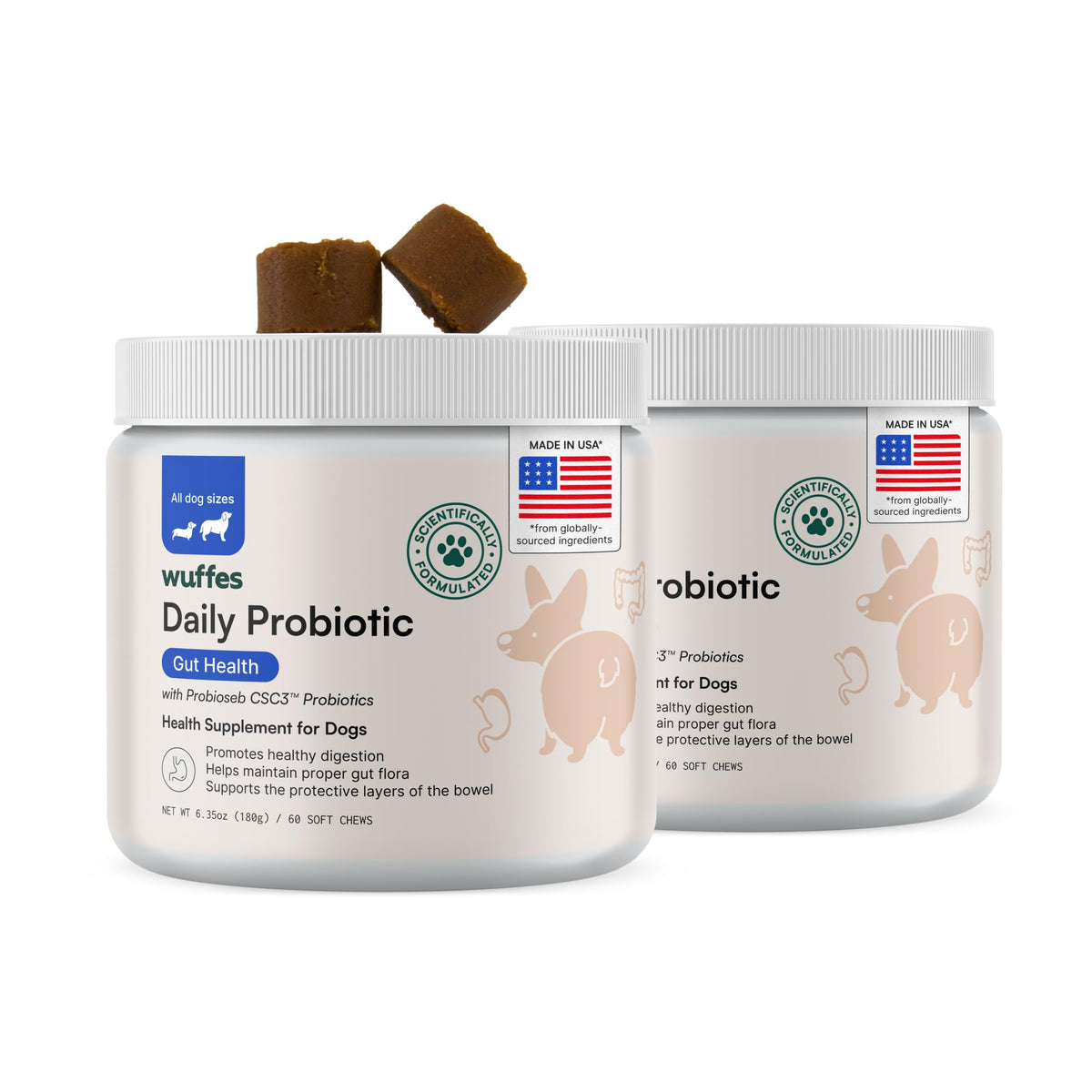 Wuffes Daily Probiotic dogs bottle highlights tasty chews for digestive health support