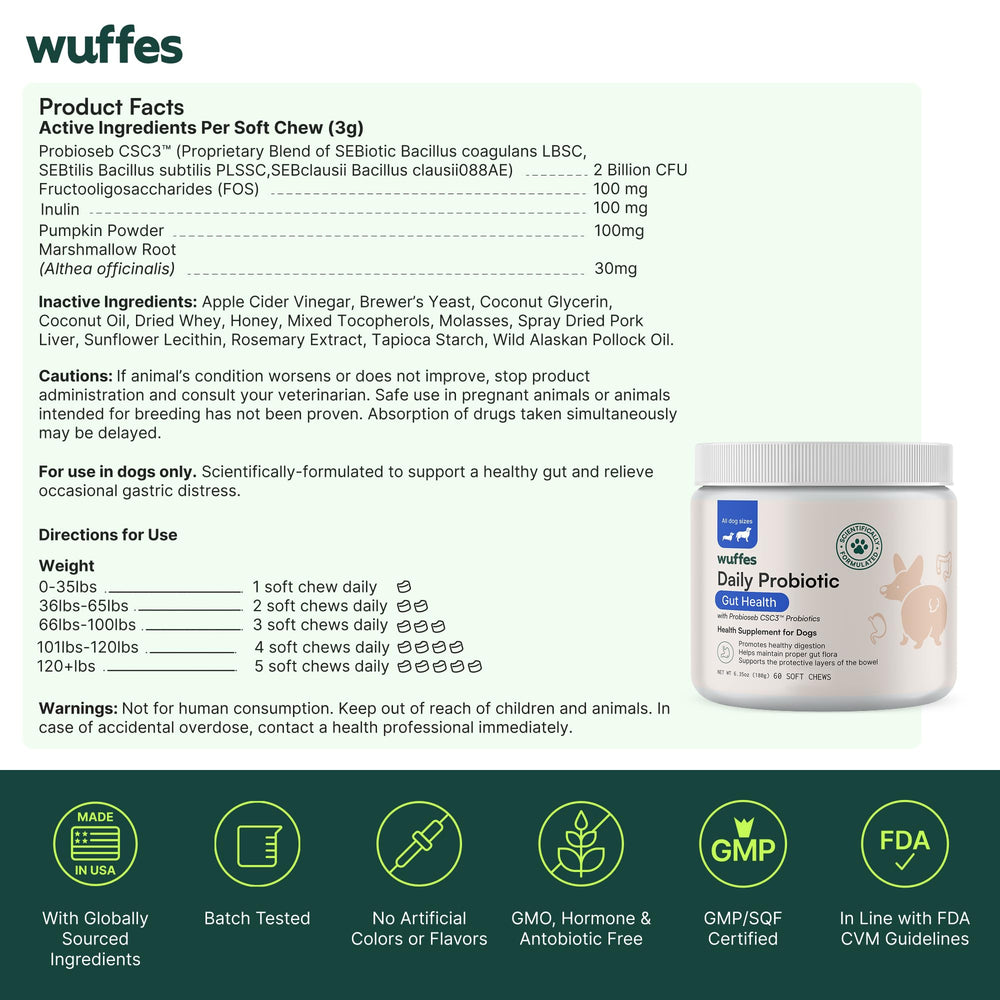 Wuffes Daily Probiotic for Dogs marshmallow root feature highlights soothing digestive support.