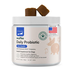 Wuffes Daily Probiotic for Dogs pack shot shows soft chews for digestive health.