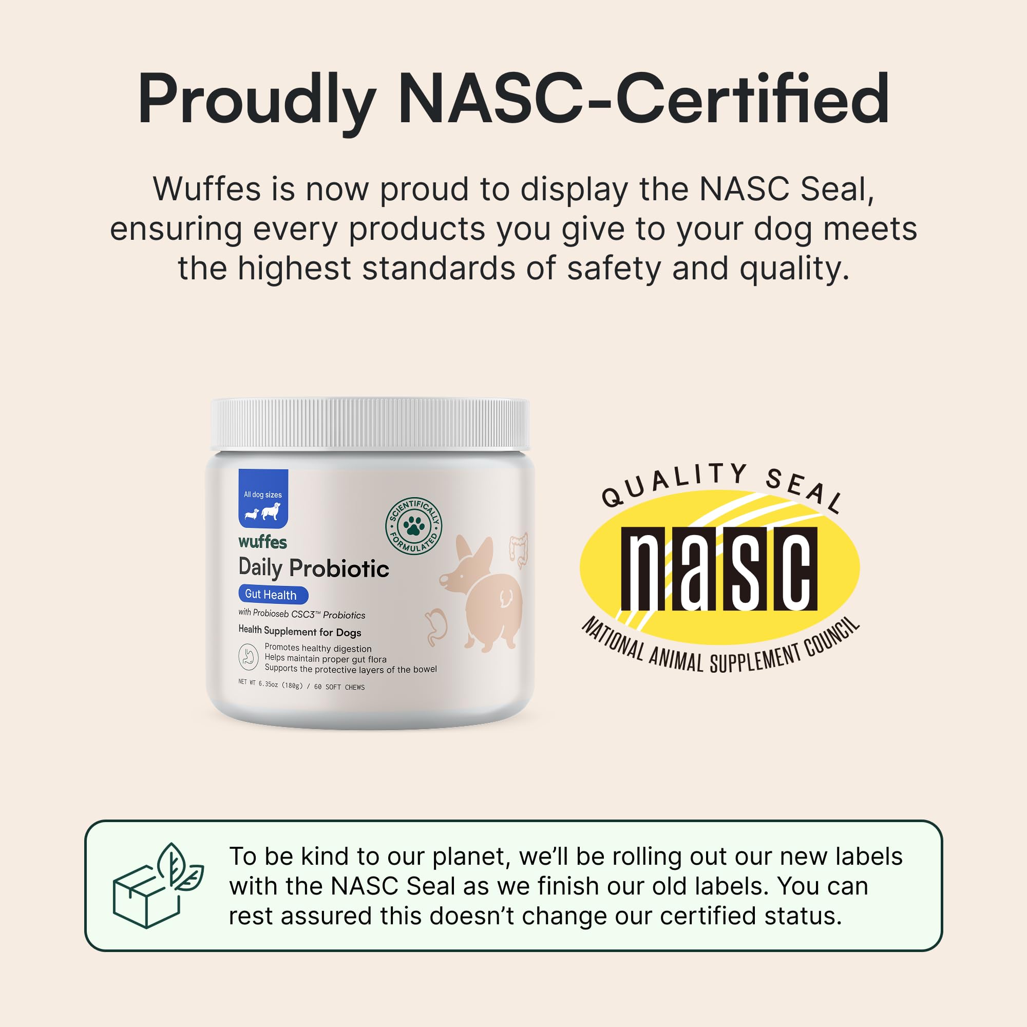 Wuffes Daily Probiotic for Dogs soft chews closeup highlighting tasty gut care.