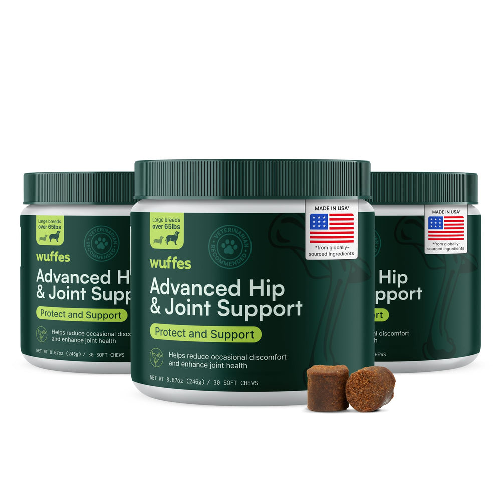 Wuffes hip joint supplement chews bottle promoting mobility support