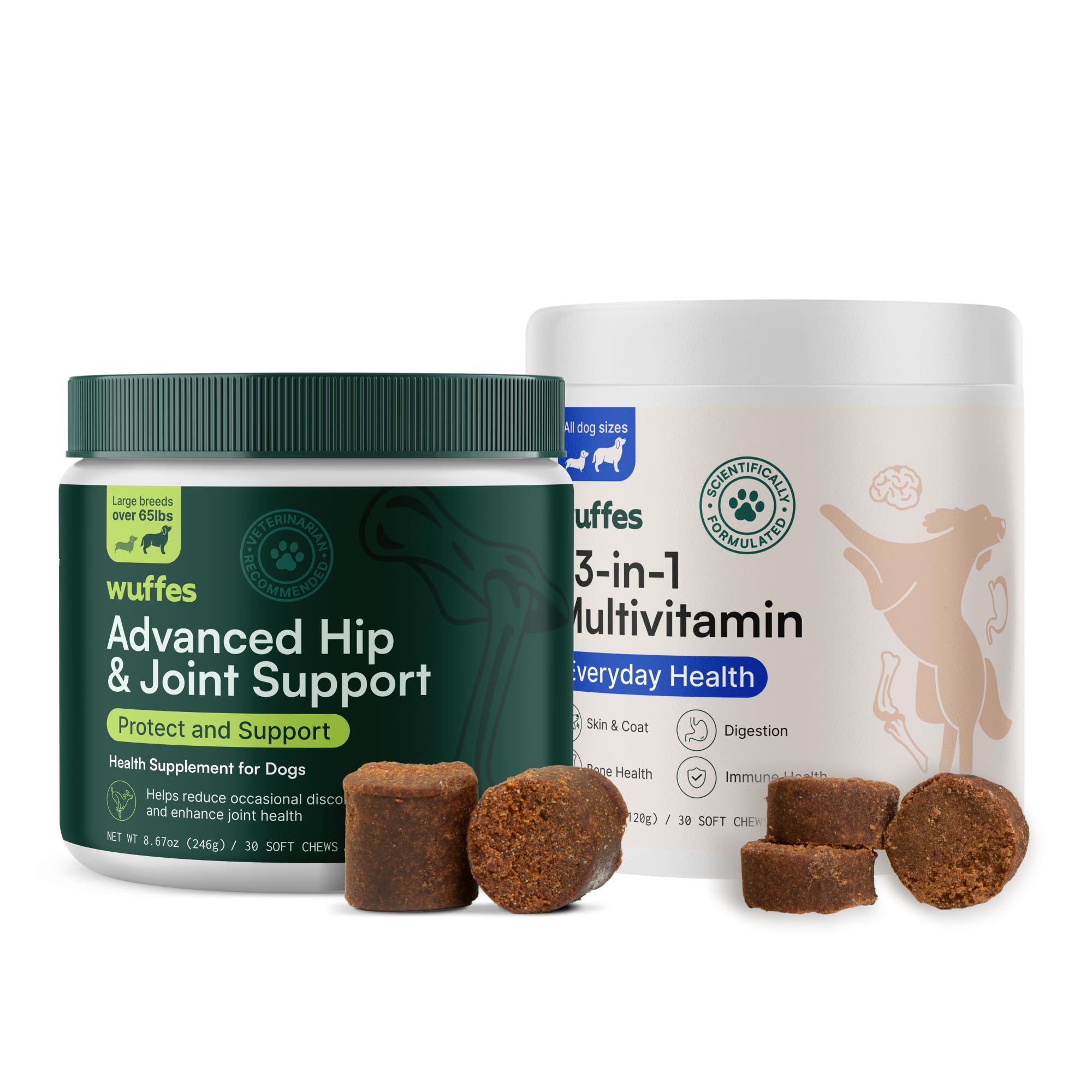 Wuffes hip-joint-support chews for large breeds promote flexible movement.
