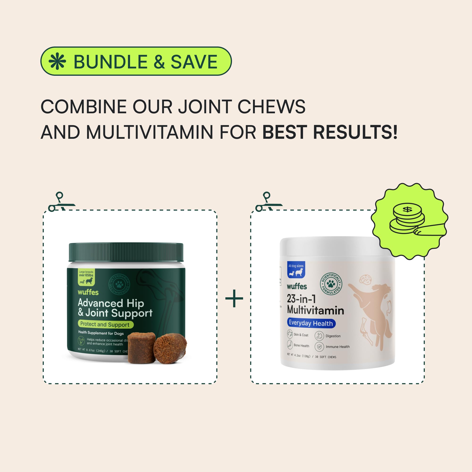 Wuffes multivitamin blend ingredients emphasize skin, coat, gut, and eye health.