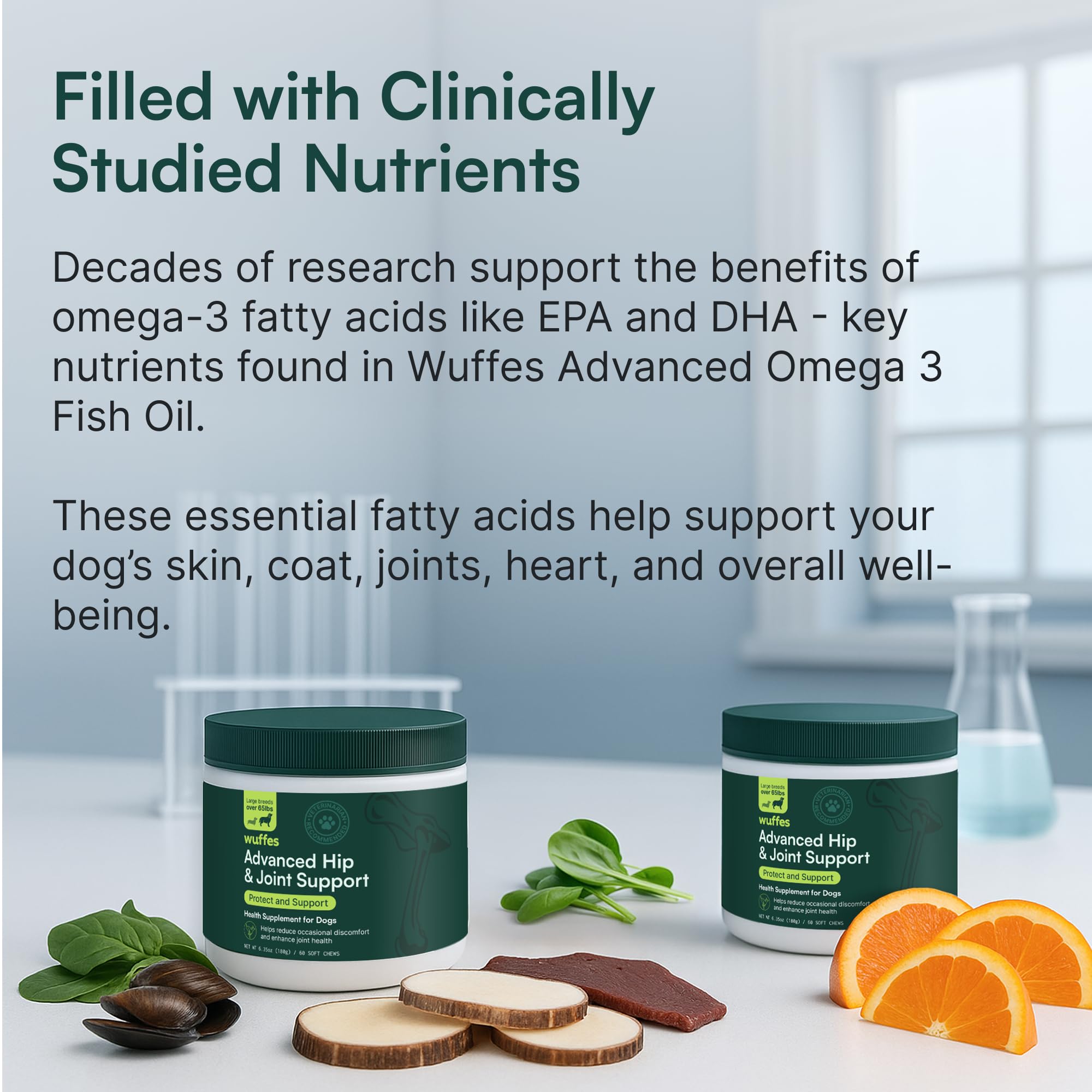Wuffes omega-3 and green-lipped mussel image emphasizing joint health support for active dogs.