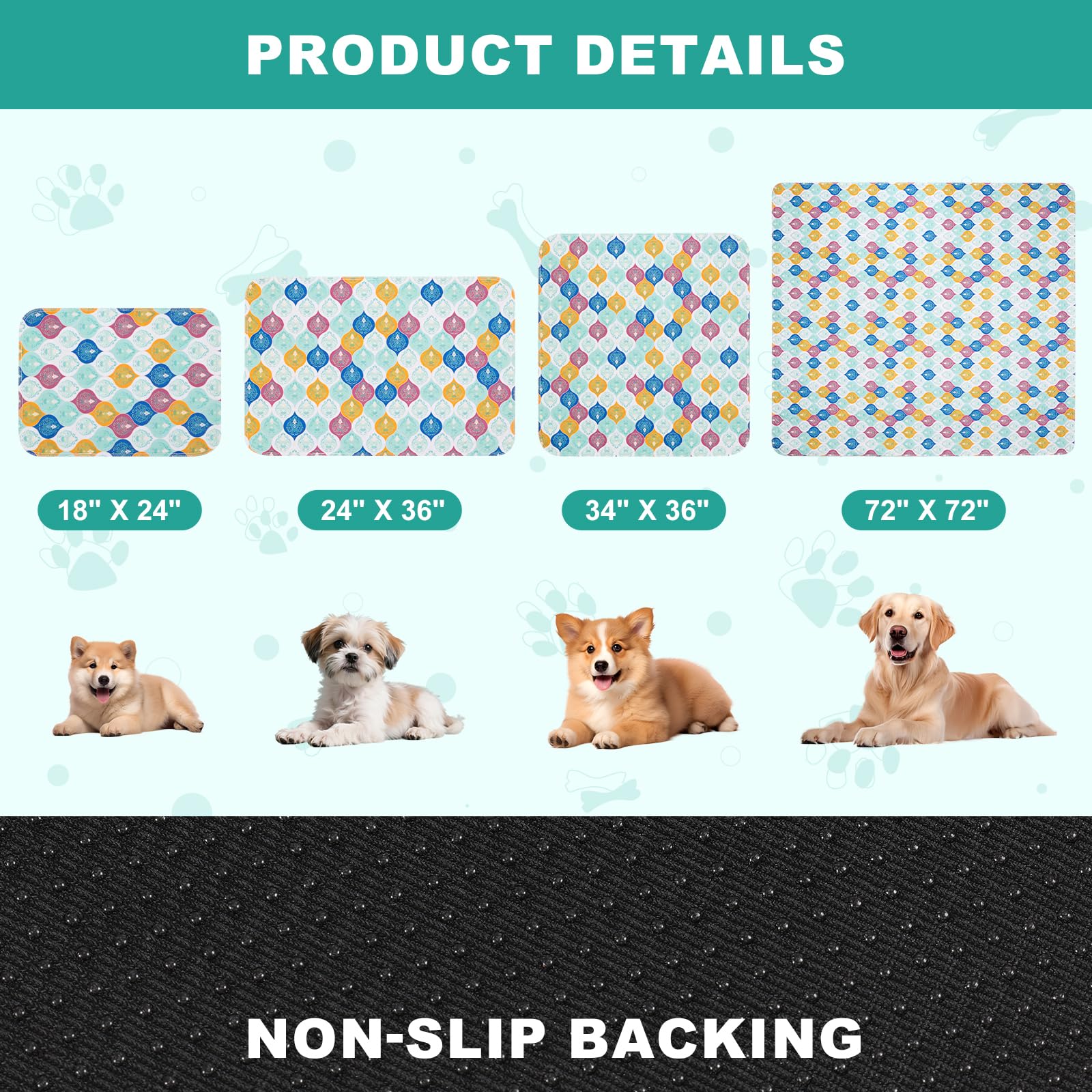 WUFFLYDRY bohemian-pattern pad flatlay shows stylish, reusable floor protection.