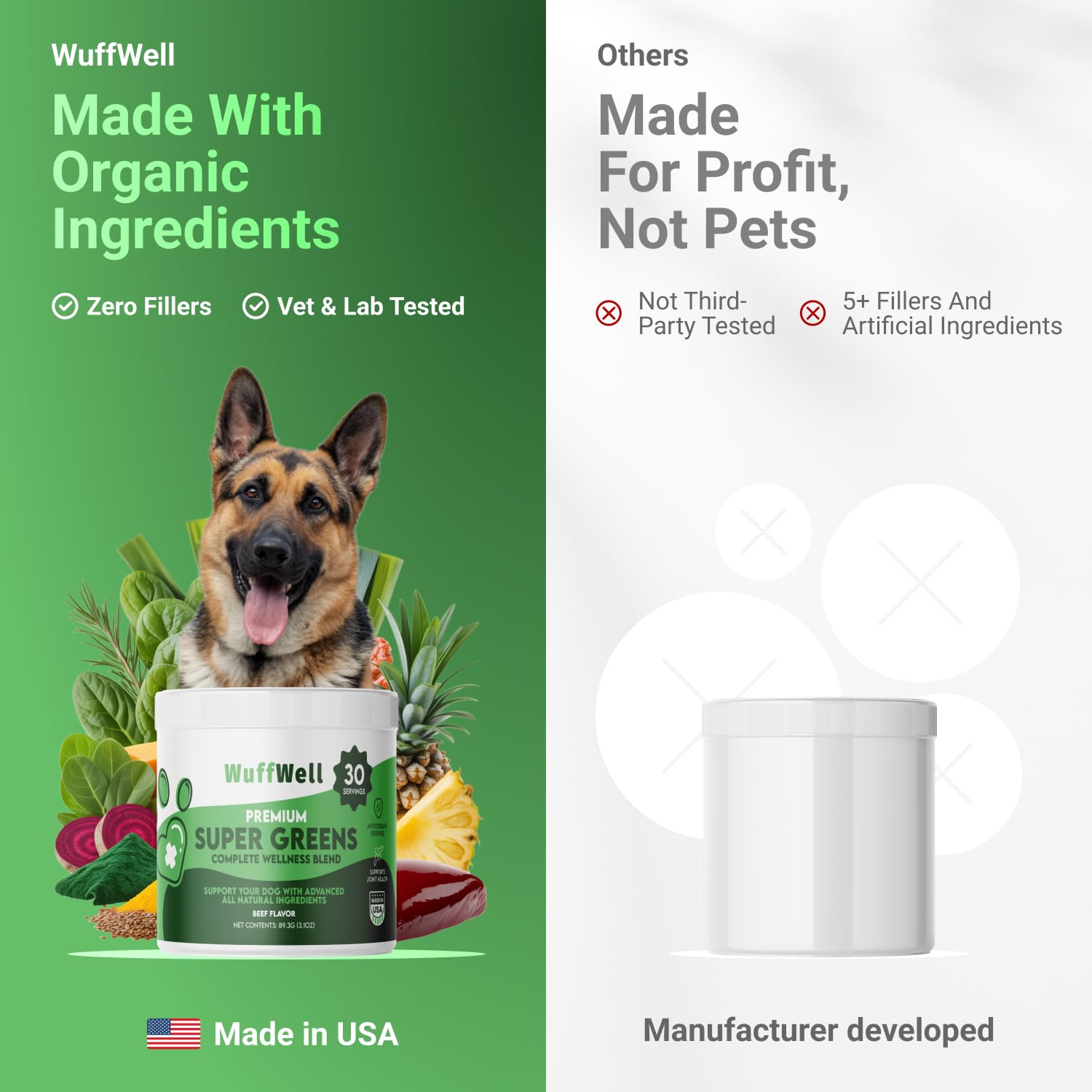 WuffWell flaxseed omega-rich dog supplement for skin and coat.