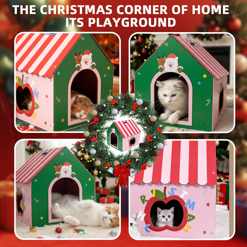 WUGO Christmas Cat Scratcher House in-room—festive centerpiece that blends with holiday decor.