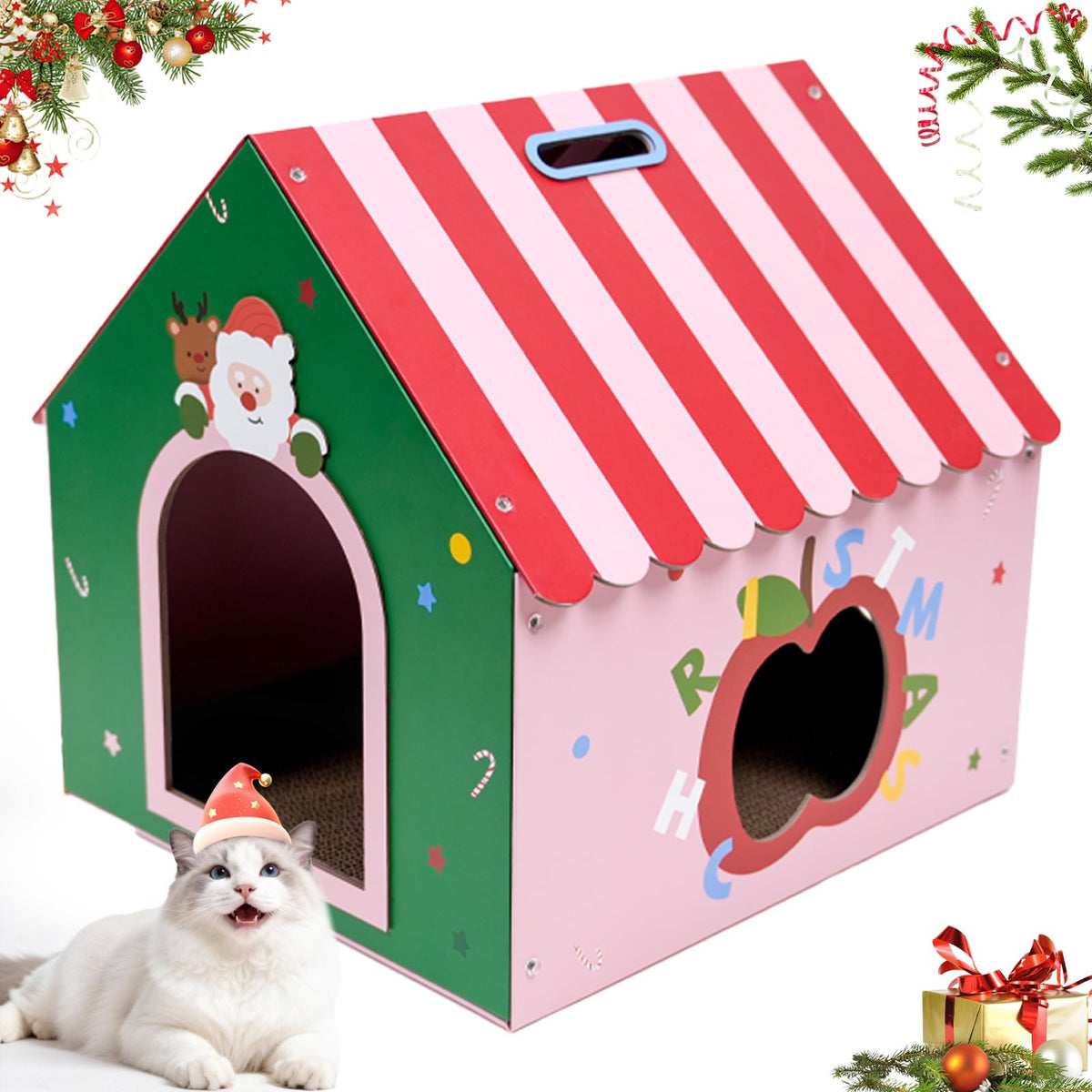 WUGO Christmas Cat Scratcher House side view—durable cardboard for lasting indoor play and claws maintenance.