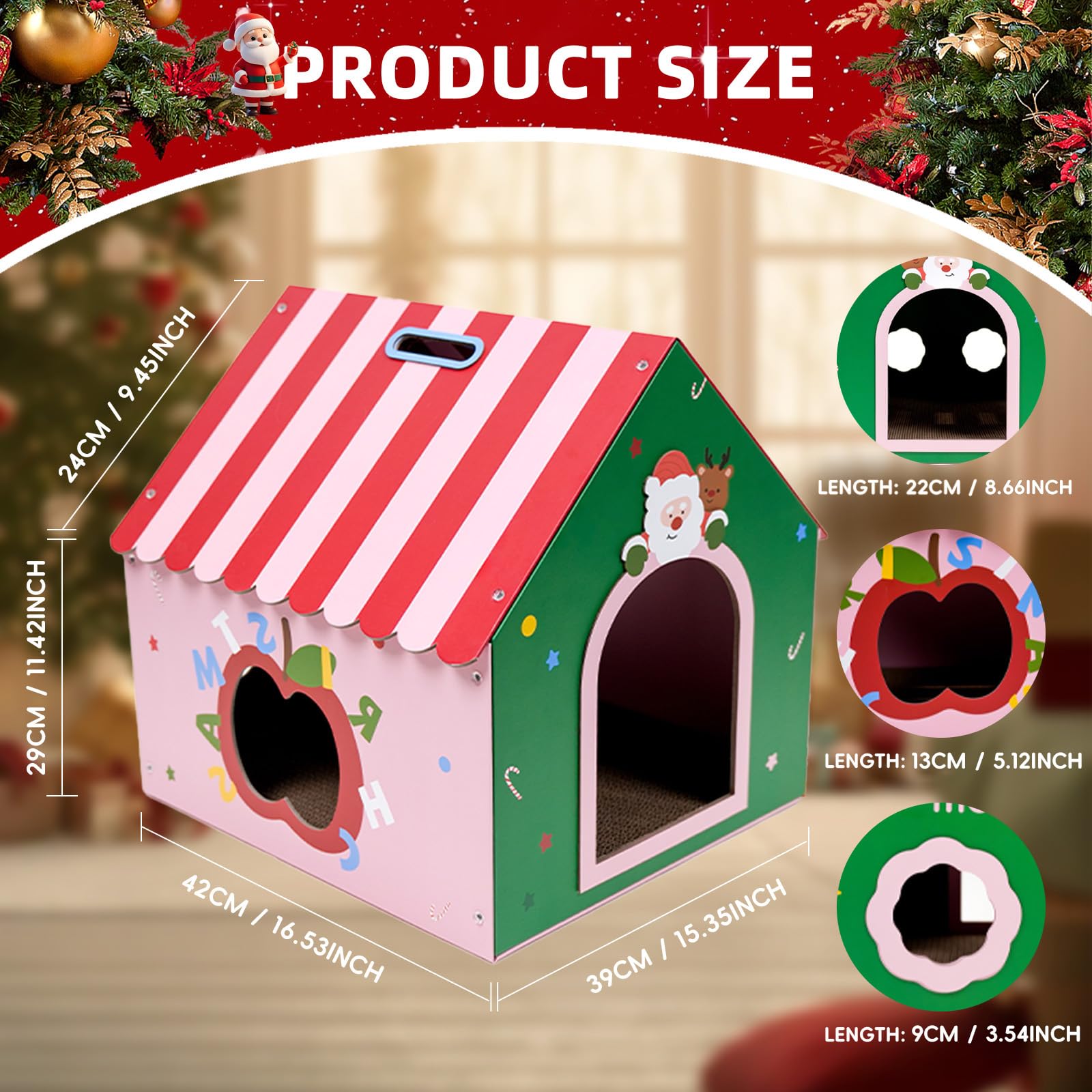 WUGO Christmas Cat Scratcher House windows—allows kittens to observe room while scratching and playing.
