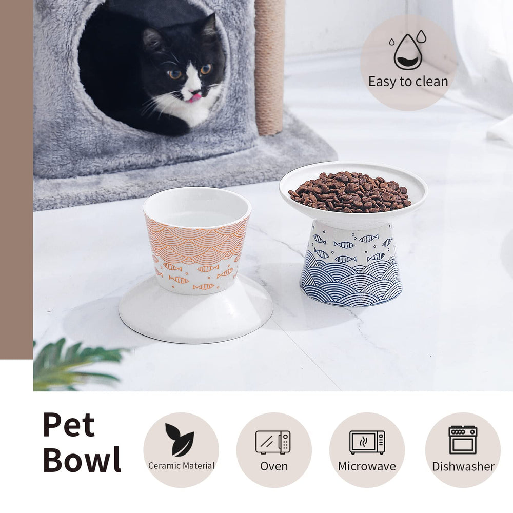 WUHOSTAM ceramic cat bowls set side by side demonstrates durable, versatile feeding for two bowls.