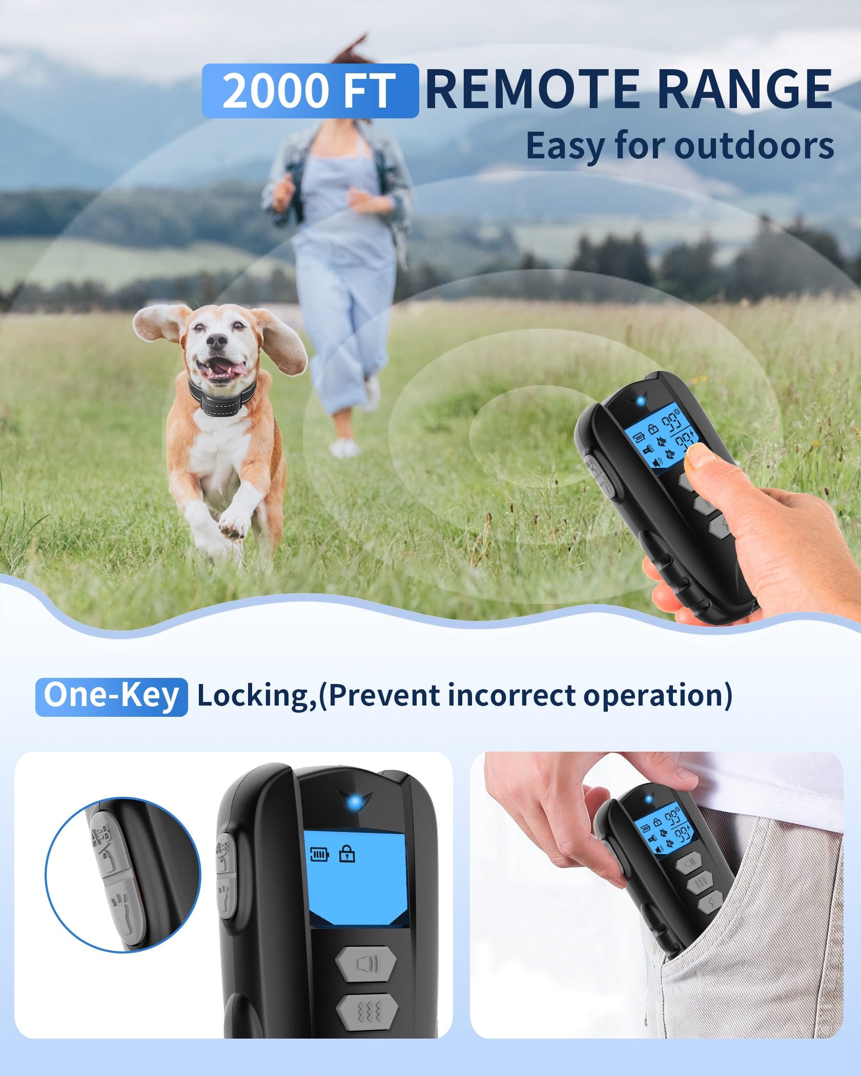 WUJ-collar-beep-vibration-shock-buttons demonstrates multi-mode training options.