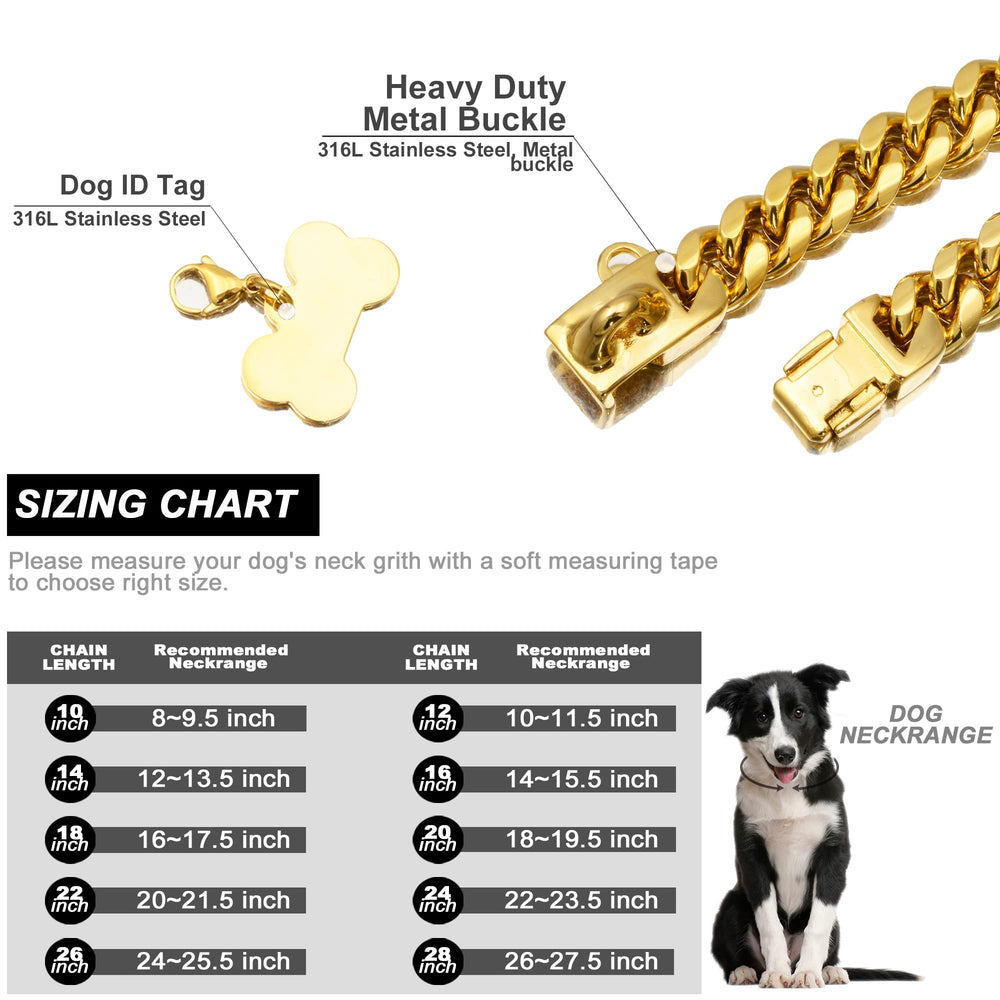 W/W Lifetime Cuban link 14mm wide collar on dog with stylish chew-proof look