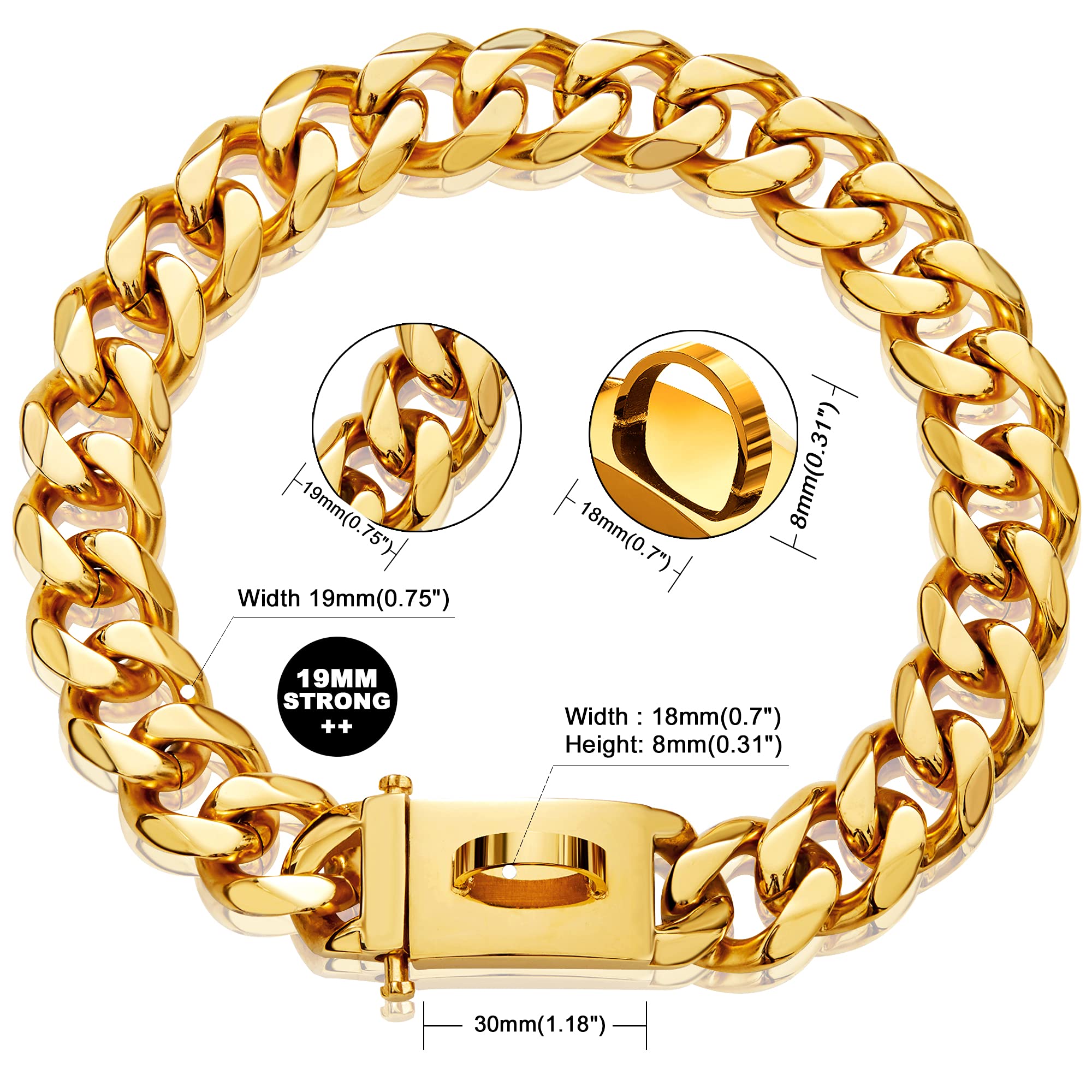 W/W Lifetime gold dog chain collar buckle close-up highlights secure, easy-to-lock snap buckle.