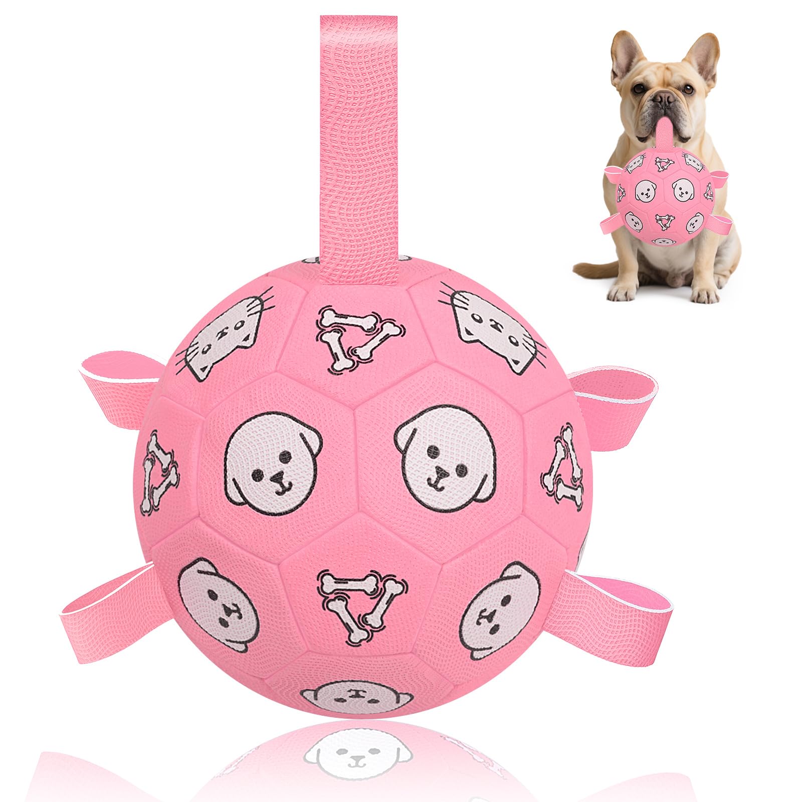 WYNTRIUM dog soccer ball with straps closeup shows grab tabs for easy play.
