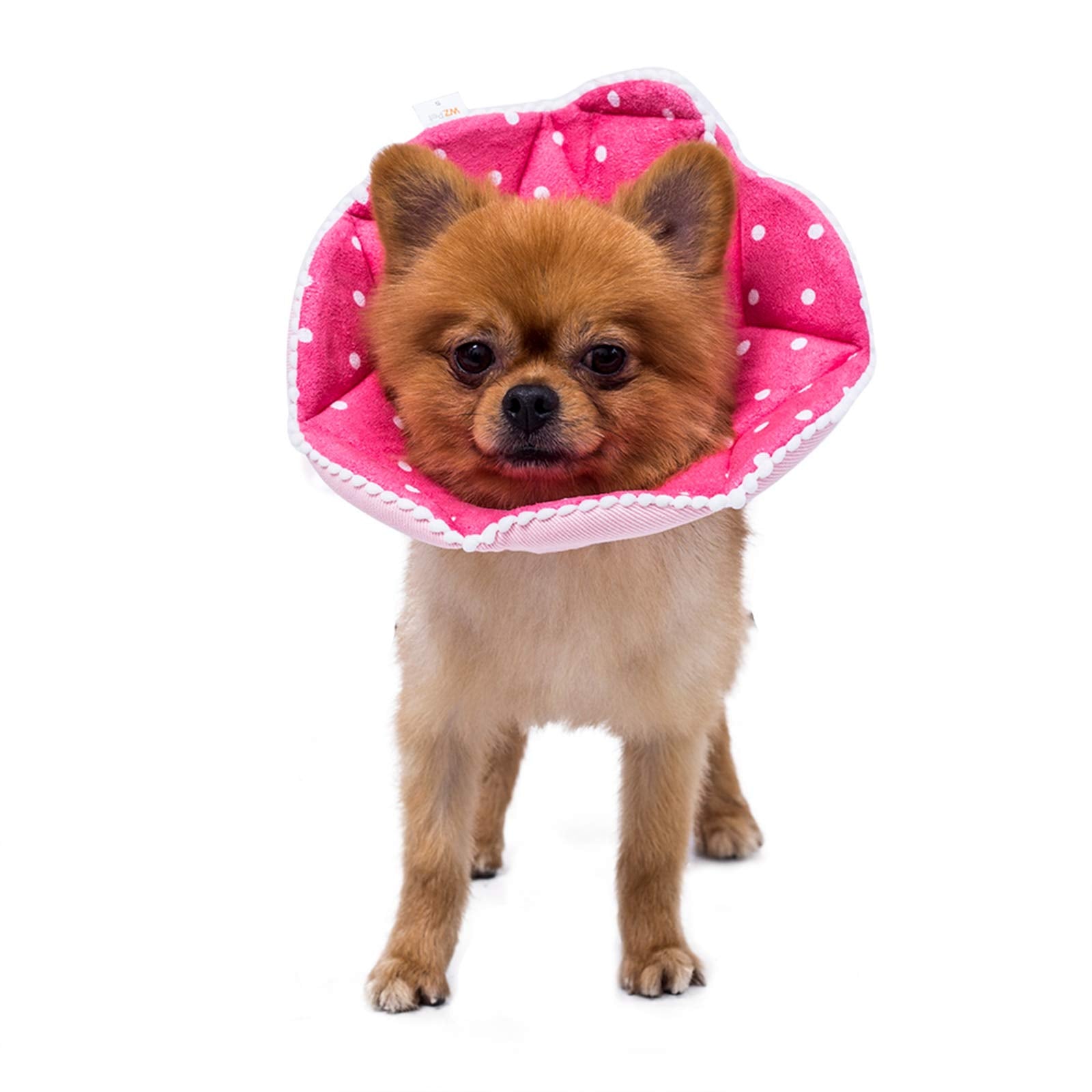 WZ PET adjustable dog-cat cone in pink, showing customizable neck fit for secure healing.