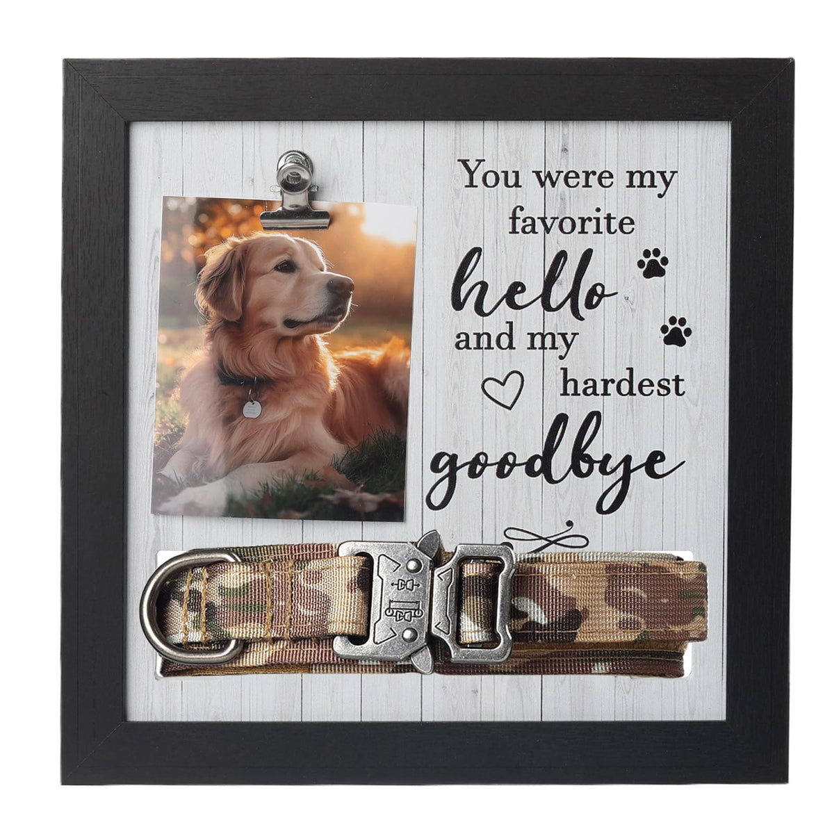X-partner pet memorial frame with dog photo and collar slot for keepsakes