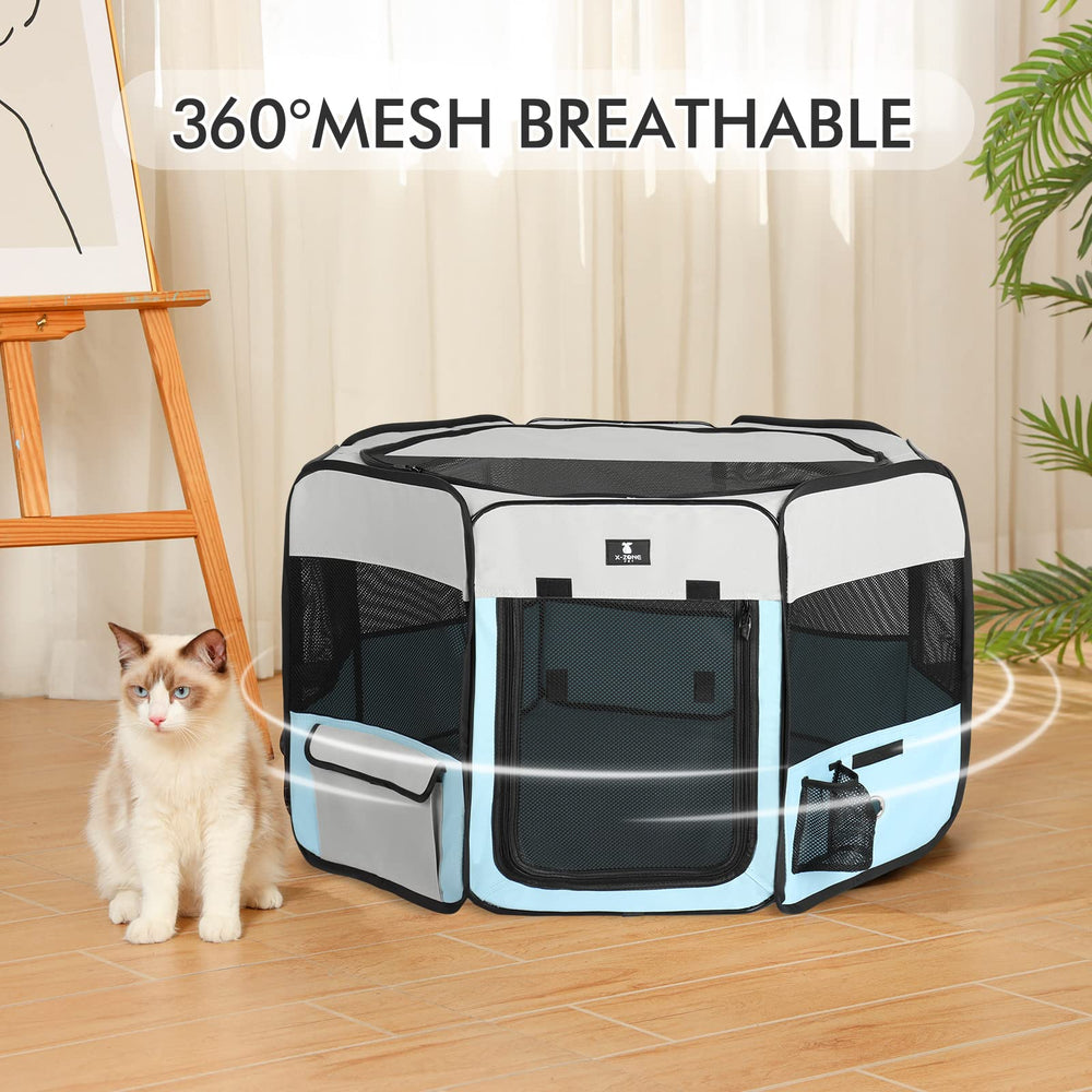 X-ZONE PET dog playpen eight mesh panels for ventilation and visibility.